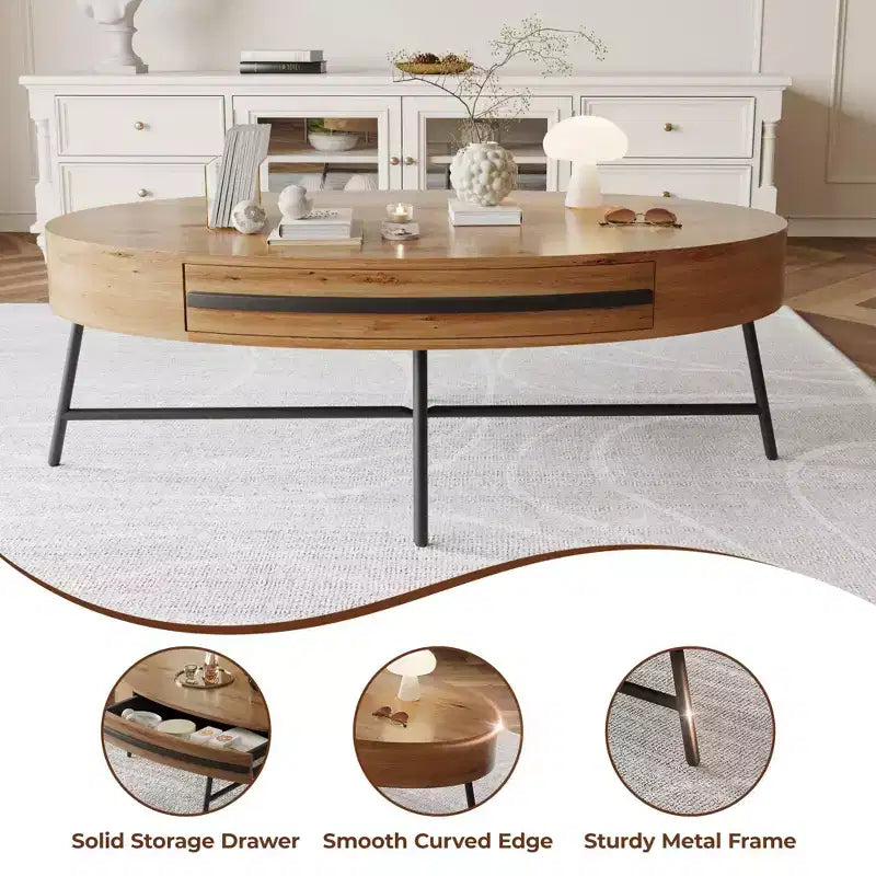 Tavolino da Caffè Ovale Mid-Century Modern - 47.2 Tavolino in Legno con Cassetto, Design Curvo Unico e Gambe Metalliche Incrociate per Soggiorno