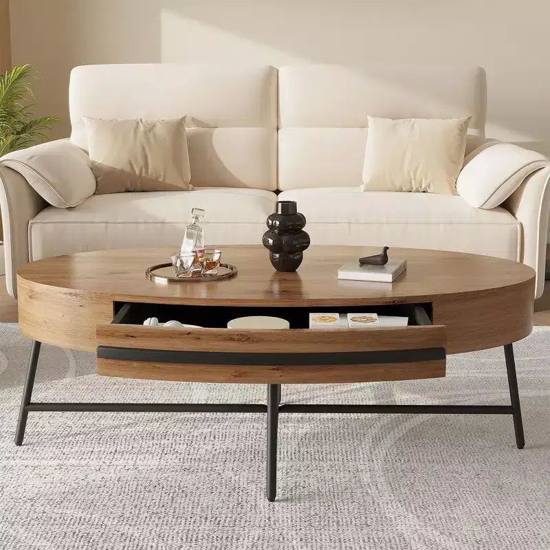 Tavolino da Caffè Ovale Mid-Century Modern - 47.2 Tavolino in Legno con Cassetto, Design Curvo Unico e Gambe Metalliche Incrociate per Soggiorno