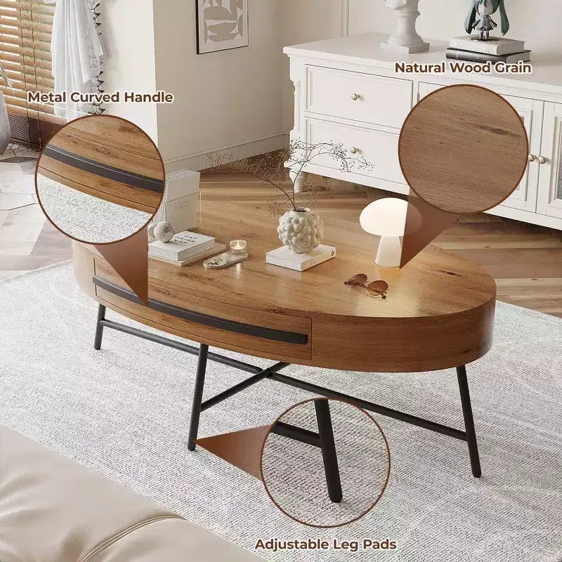 Tavolino da Caffè Ovale Mid-Century Modern - 47.2 Tavolino in Legno con Cassetto, Design Curvo Unico e Gambe Metalliche Incrociate per Soggiorno