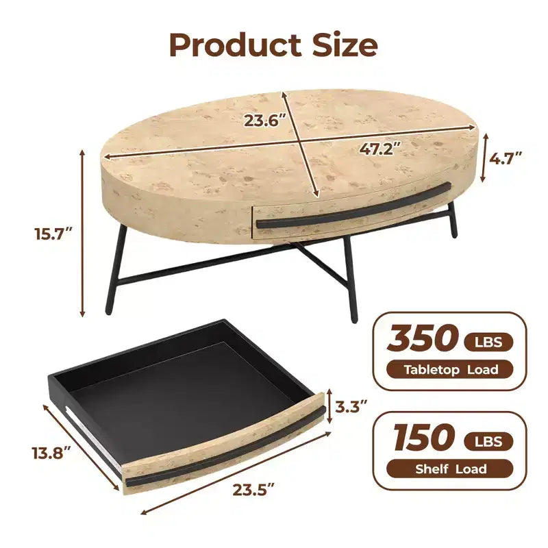 Tavolino da Caffè Ovale Mid-Century Modern - 47.2 Tavolino in Legno con Cassetto, Design Curvo Unico e Gambe Metalliche Incrociate per Soggiorno