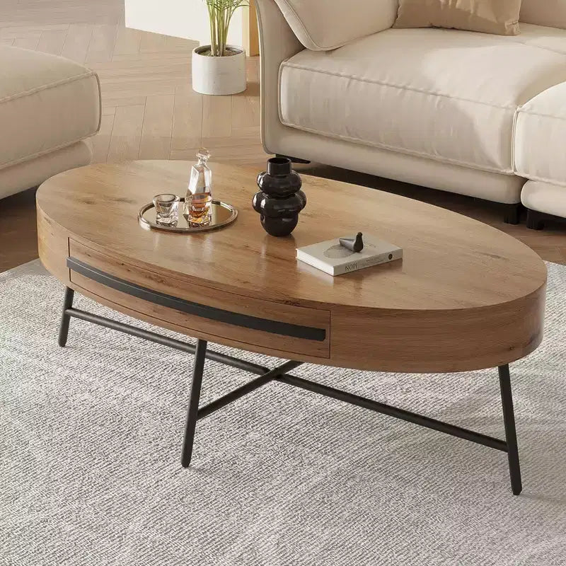 Coffee Table Mid-Century Modern Oval - 47.2 Wooden Storage Table with Drawer, Unique Curved Design & Cross Metal Legs for Living Room