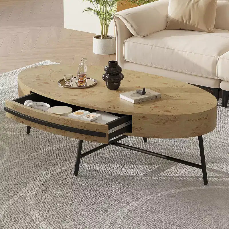 Tavolino da Caffè Ovale Mid-Century Modern - 47.2 Tavolino in Legno con Cassetto, Design Curvo Unico e Gambe Metalliche Incrociate per Soggiorno