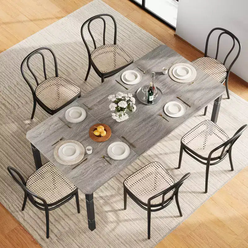 Large dining table, seats 6-8 people - Rectangular wooden modern farmhouse-style dining table with sturdy metal legs, suitable for dining rooms.