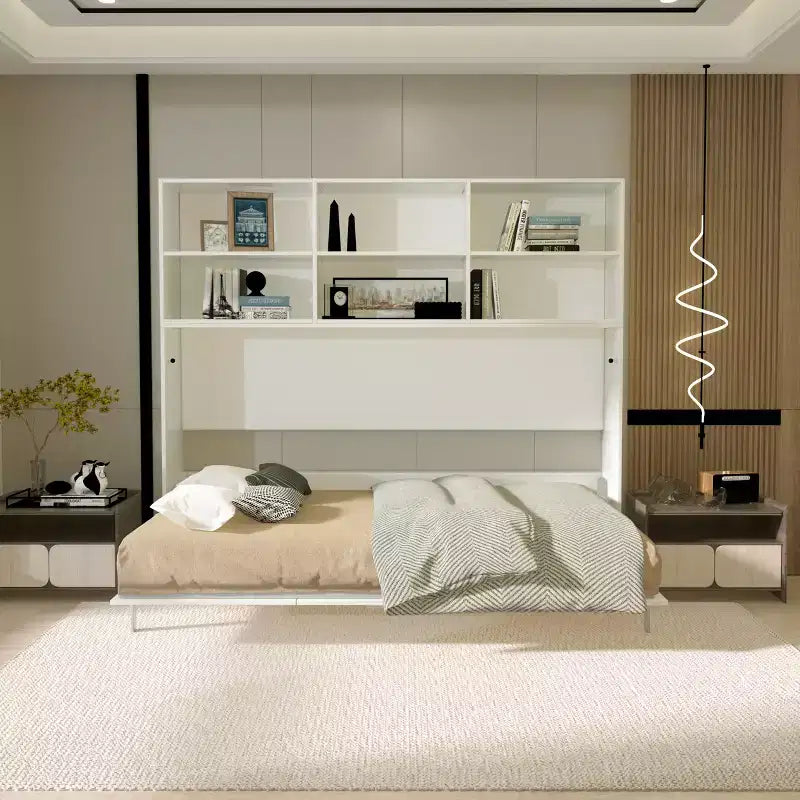 Twin Size Horizontal Wall Bed with 2-Layer Storage Rack and Hidden Gas Struts - Space Saving Furniture for Kids