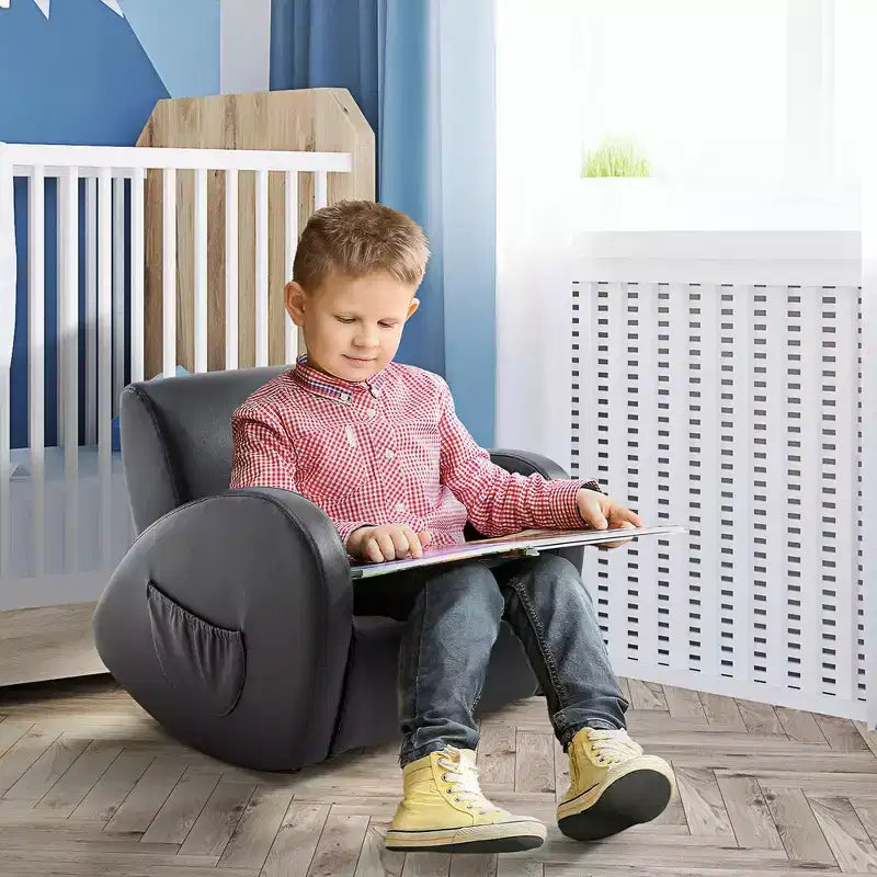 Whisen Kids Sofa Rocking Chair with Side Pocket, PU Leather Toddler Armchair, Gift for Kids - Grey