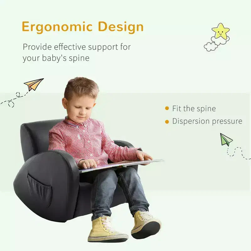 Whisen Kids Sofa Sedia a Dondolo con Tasca Laterale, Poltroncina per Bambini in Pelle PU, Regalo per Bambini - Grigio