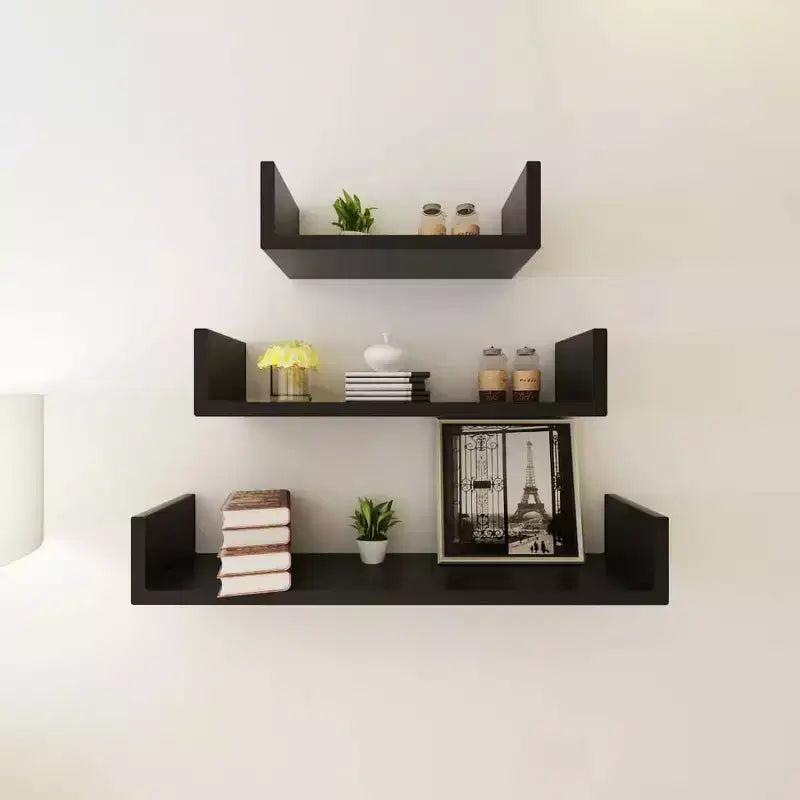 Set di 6 mensole a muro in MDF nero, piccole, medie, grandi. Montaggio a parete.