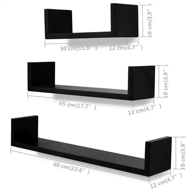 Set di 6 mensole a muro in MDF nero, piccole, medie, grandi. Montaggio a parete.