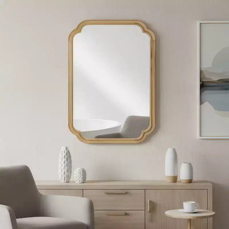 Specchio da parete decorativo con angoli arrotondati Okak Modern per ingresso, bagno, specchio da trucco in legno massiccio per camera da letto