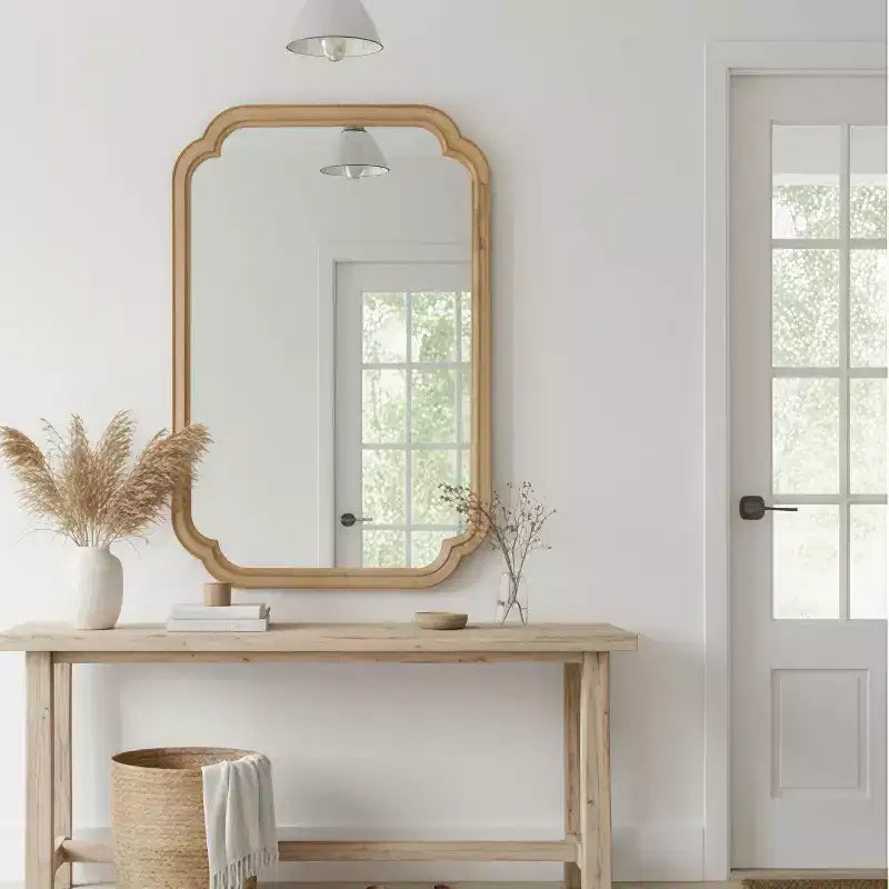 Okak Modern Rounded Corner Decorative Wall Mirror for Entryway,Bathroom,Solid Wood Home Decor Vanity Mirror for Bedroom