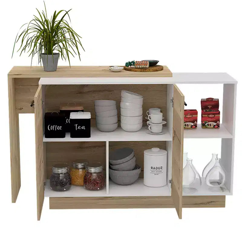 Okak Isola da Cucina Moderna con Design Unico del Piano, Tavolo Isola da Cucina con 2 Ante e 2 Cassetti, Organizer da Appoggio per Cucina