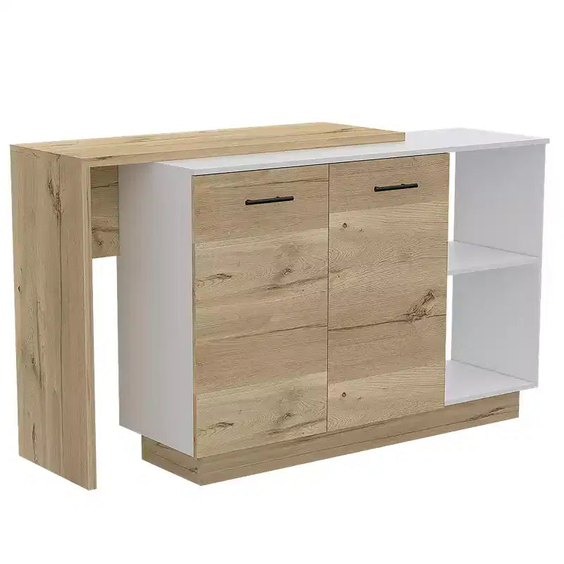 Okak Isola da Cucina Moderna con Design Unico del Piano, Tavolo Isola da Cucina con 2 Ante e 2 Cassetti, Organizer da Appoggio per Cucina