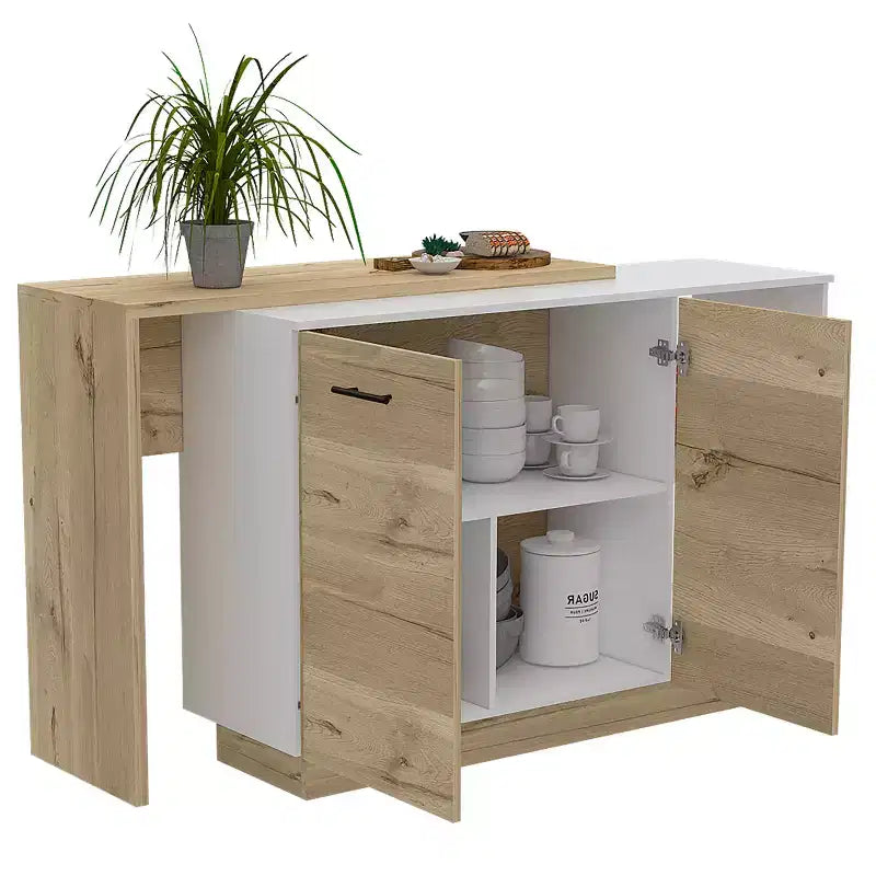 Okak Isola da Cucina Moderna con Design Unico del Piano, Tavolo Isola da Cucina con 2 Ante e 2 Cassetti, Organizer da Appoggio per Cucina