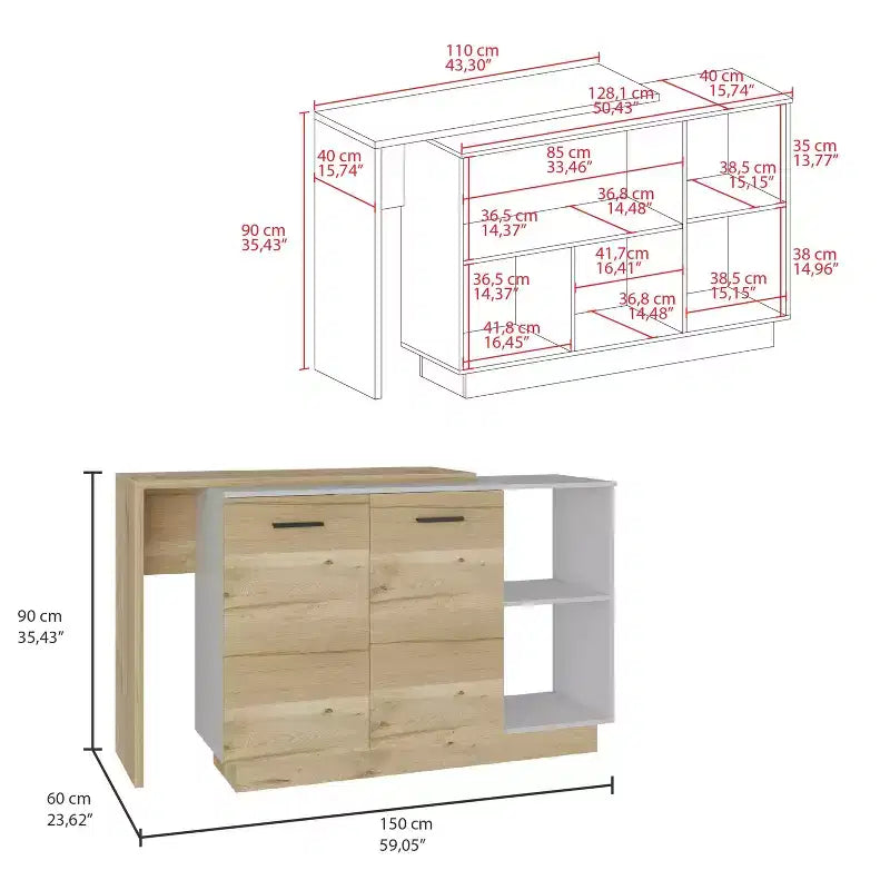 Okak Isola da Cucina Moderna con Design Unico del Piano, Tavolo Isola da Cucina con 2 Ante e 2 Cassetti, Organizer da Appoggio per Cucina