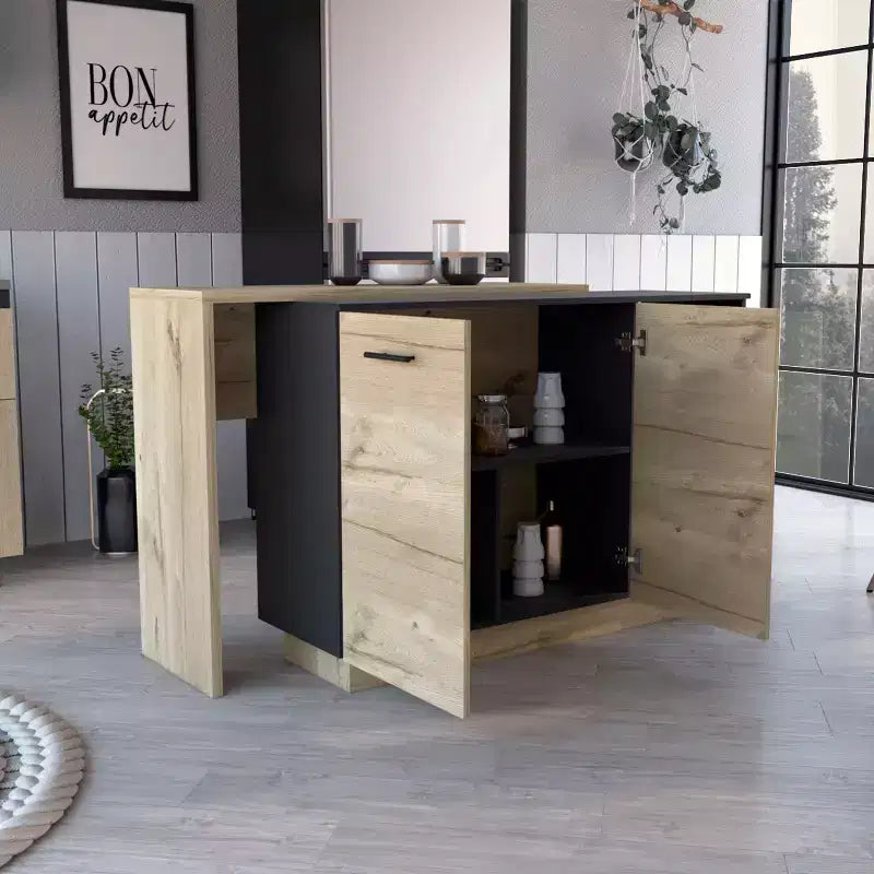 Okak Isola da Cucina Moderna con Design Unico del Piano, Tavolo Isola da Cucina con 2 Ante e 2 Cassetti, Organizer da Appoggio per Cucina
