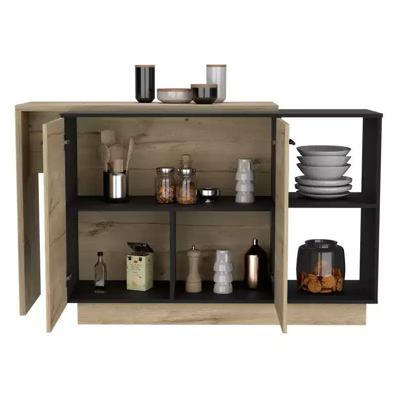 Okak Isola da Cucina Moderna con Design Unico del Piano, Tavolo Isola da Cucina con 2 Ante e 2 Cassetti, Organizer da Appoggio per Cucina