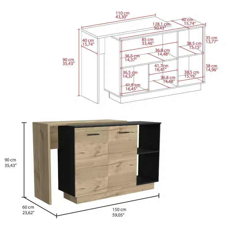 Okak Isola da Cucina Moderna con Design Unico del Piano, Tavolo Isola da Cucina con 2 Ante e 2 Cassetti, Organizer da Appoggio per Cucina