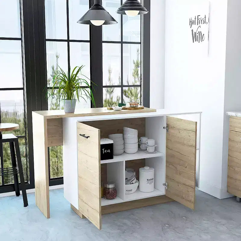 Okak Isola da Cucina Moderna con Design Unico del Piano, Tavolo Isola da Cucina con 2 Ante e 2 Cassetti, Organizer da Appoggio per Cucina