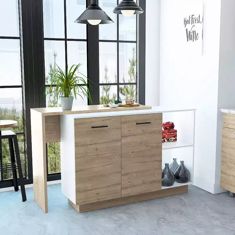 Okak Modern Kitchen Island with Unique Top Design, Kitchen Island Table with 2 Doors and 2 Drawers, Countertop Organizer for Kitchen
