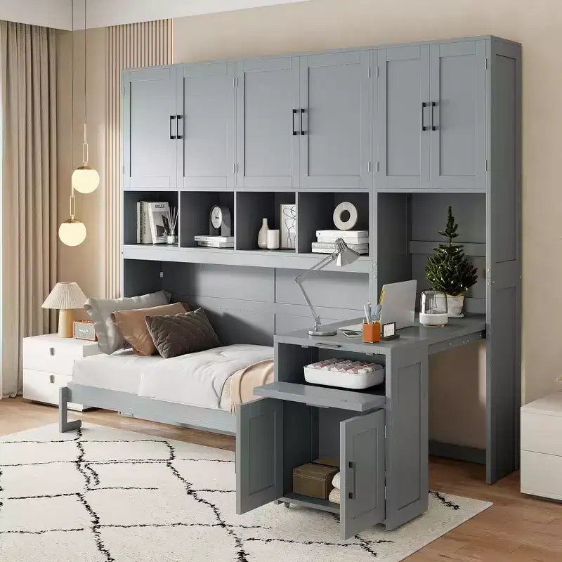 Twin Murphy Bed Frame with Drawers and Desk, Wall Bed Frame with Storage Cabinet and Shelves, Twin Size Folding Murphy Bed for Home Office
