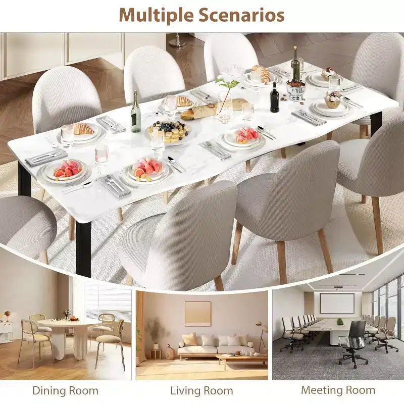 Tavolo da Pranzo con Bordo Irregolare a Onda, Piano in MDF Spessore 15mm e Struttura in Metallo, per Cucina, Effetto Marmo