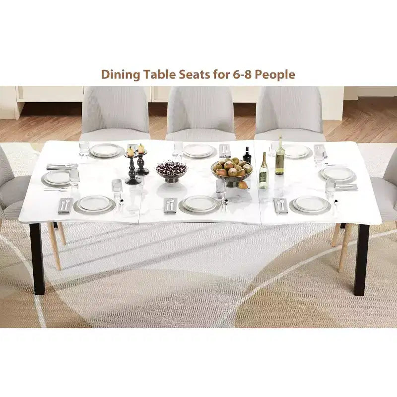 Tavolo da Pranzo con Bordo Irregolare a Onda, Piano in MDF Spessore 15mm e Struttura in Metallo, per Cucina, Effetto Marmo
