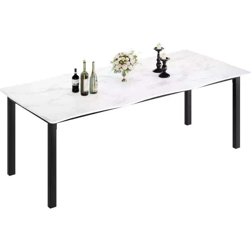 Tavolo da Pranzo con Bordo Irregolare a Onda, Piano in MDF Spessore 15mm e Struttura in Metallo, per Cucina, Effetto Marmo