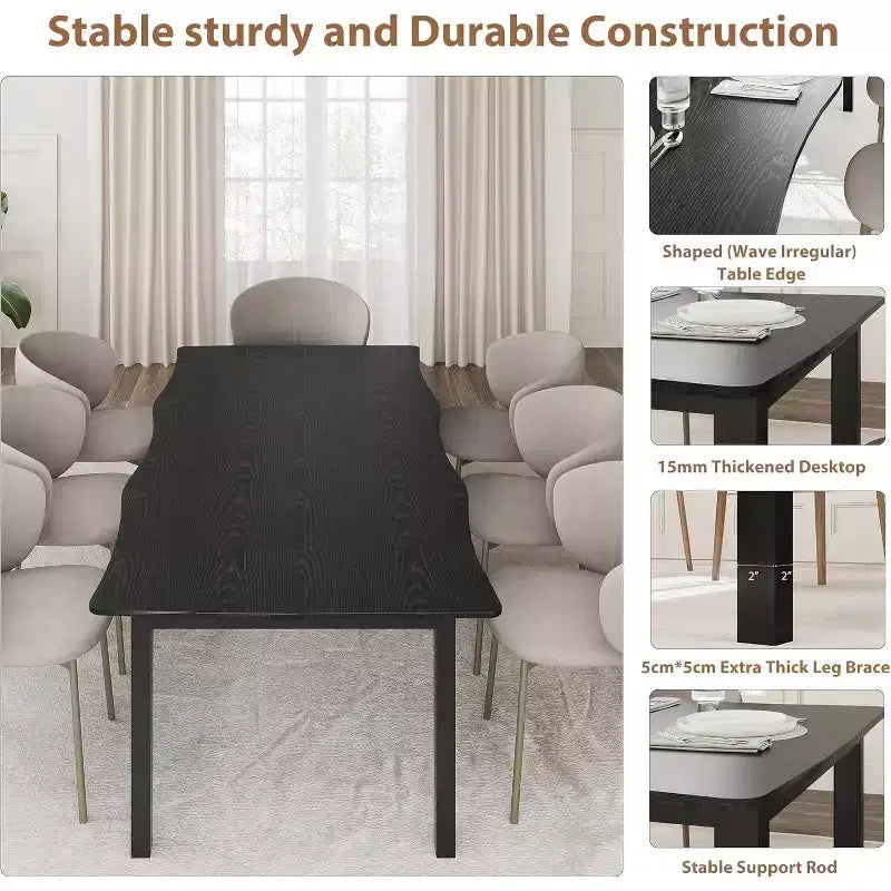 Tavolo da Pranzo con Bordo Irregolare a Onda, Piano in MDF Spessore 15mm e Struttura in Metallo, per Cucina, Effetto Marmo