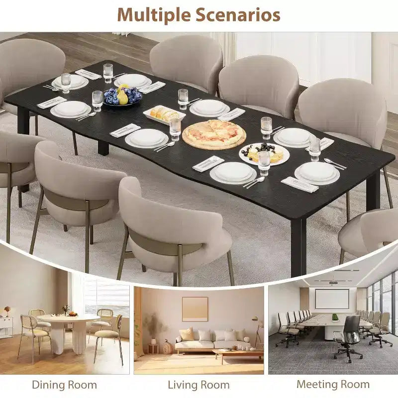 Tavolo da Pranzo con Bordo Irregolare a Onda, Piano in MDF Spessore 15mm e Struttura in Metallo, per Cucina, Effetto Marmo