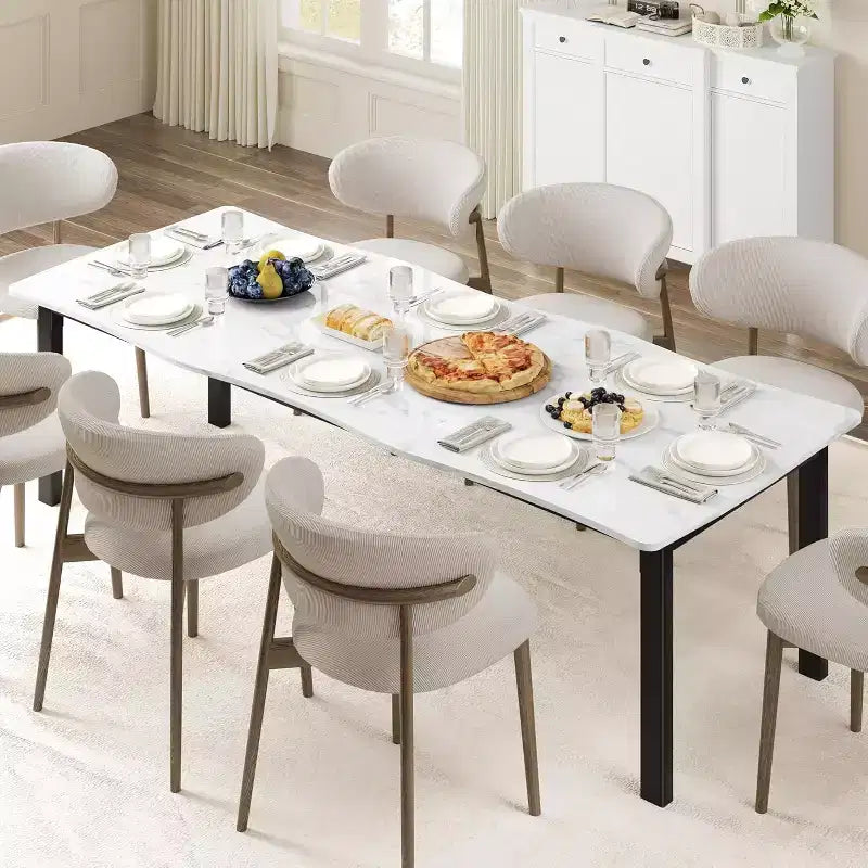 Tavolo da Pranzo con Bordo Irregolare a Onda, Piano in MDF Spessore 15mm e Struttura in Metallo, per Cucina, Effetto Marmo