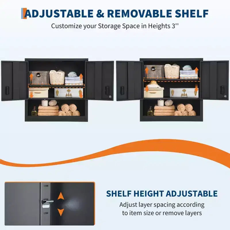 Armadietto a parete con ripiano regolabile, armadietto da garage in acciaio resistente con ante magnetiche richiudibili a chiave, armadietto portautensili per magazzino, casa, ufficio, cucina