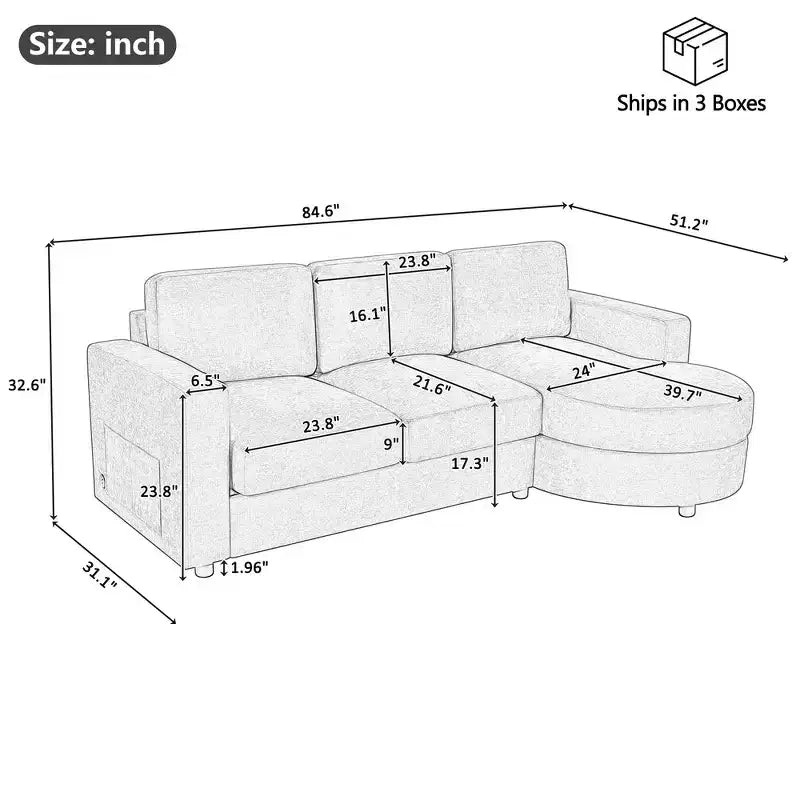 Whisen 84.6 Divano e Sofà Sezionale Moderno a L con Chaise Longue Curva, Tasche Laterali Portaoggetti