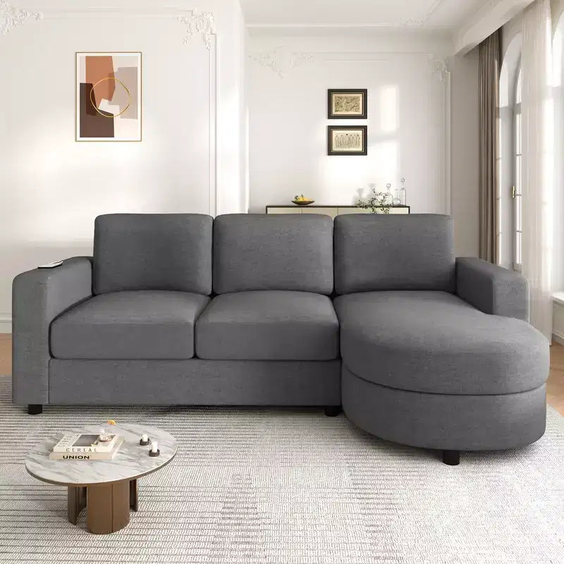 Whisen 84.6 Divano e Sofà Sezionale Moderno a L con Chaise Longue Curva, Tasche Laterali Portaoggetti