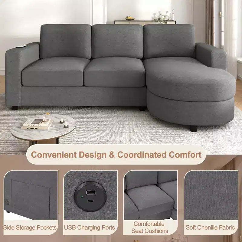 Whisen 84.6 Divano e Sofà Sezionale Moderno a L con Chaise Longue Curva, Tasche Laterali Portaoggetti