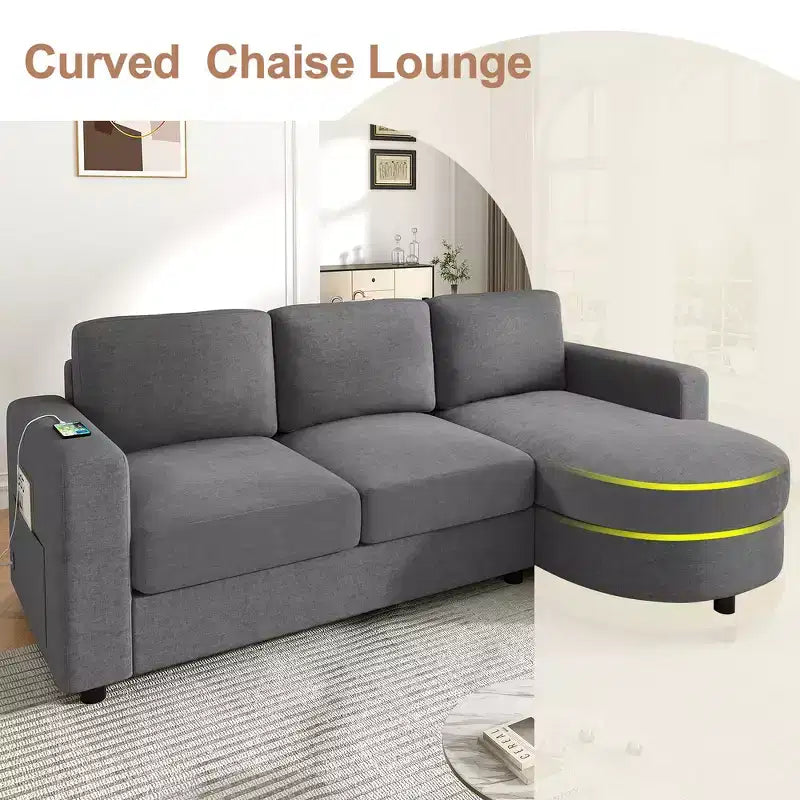 Whisen 84.6 Divano e Sofà Sezionale Moderno a L con Chaise Longue Curva, Tasche Laterali Portaoggetti