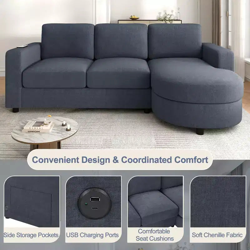 Whisen 84.6 Divano e Sofà Sezionale Moderno a L con Chaise Longue Curva, Tasche Laterali Portaoggetti