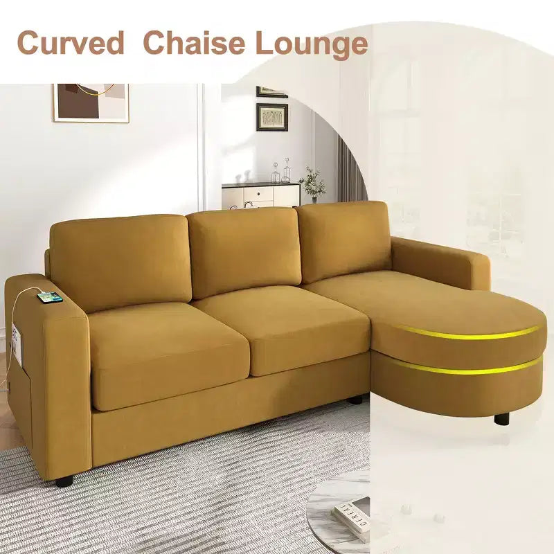Whisen 84.6 Divano e Sofà Sezionale Moderno a L con Chaise Longue Curva, Tasche Laterali Portaoggetti