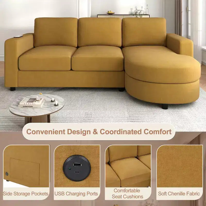 Whisen 84.6 Divano e Sofà Sezionale Moderno a L con Chaise Longue Curva, Tasche Laterali Portaoggetti