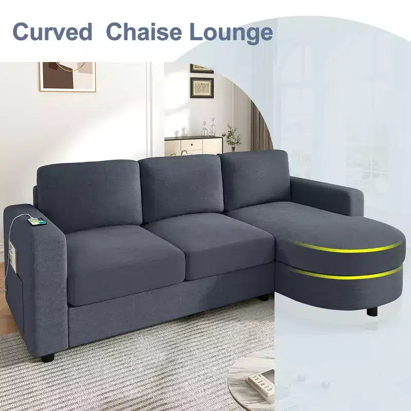 Whisen 84.6 Divano e Sofà Sezionale Moderno a L con Chaise Longue Curva, Tasche Laterali Portaoggetti