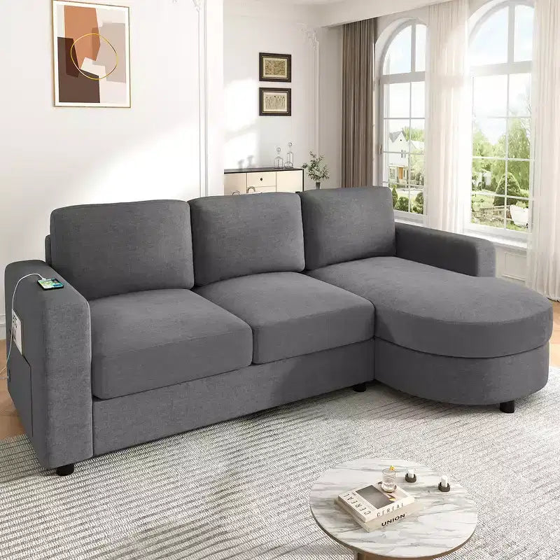 Whisen 84.6 Divano e Sofà Sezionale Moderno a L con Chaise Longue Curva, Tasche Laterali Portaoggetti