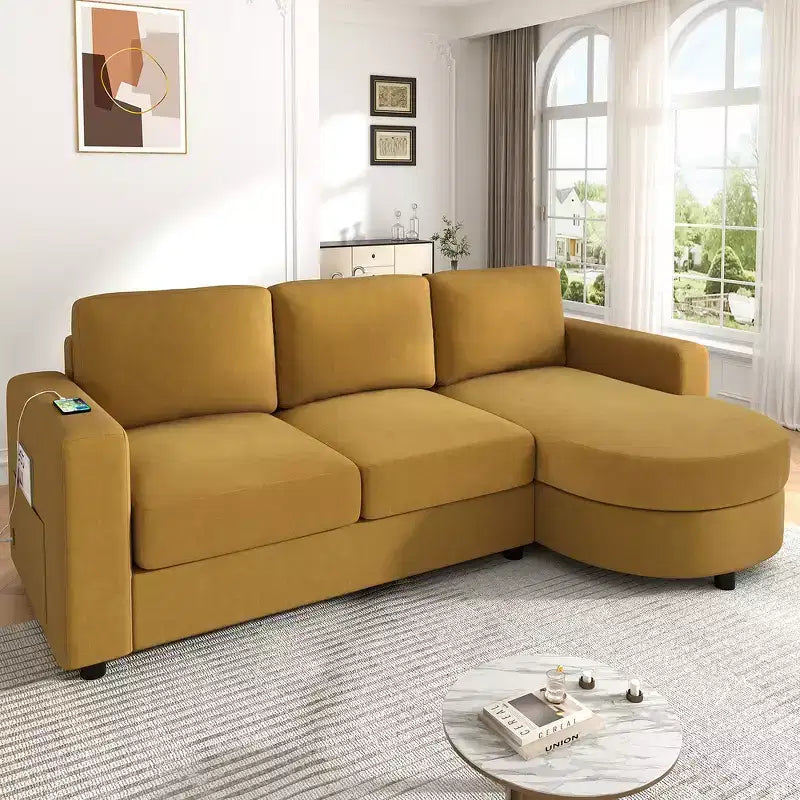 Whisen 84.6 Divano e Sofà Sezionale Moderno a L con Chaise Longue Curva, Tasche Laterali Portaoggetti