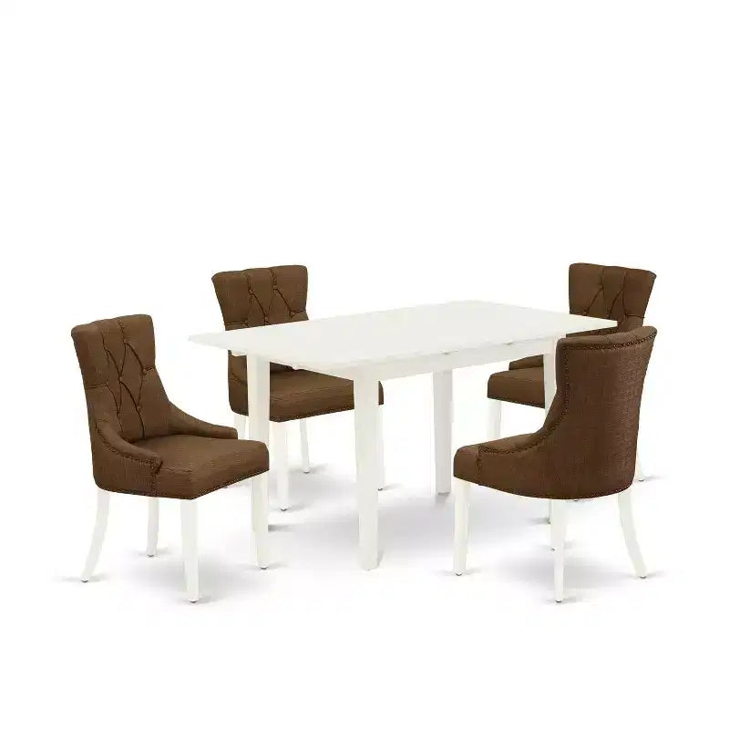 HomeStock 5-Pc Linen White Finish Solid Wood Top - Rectangular Upholstered Dining Room Set with Butterfly Leaf - Seats 4