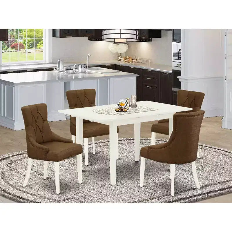 HomeStock Set da Pranzo Rettangolare Imbottito a 5 Pezzi con Finitura Lino Bianco e Piano in Legno Massello con Prolunga a Farfalla - Posti a Sedere per 4