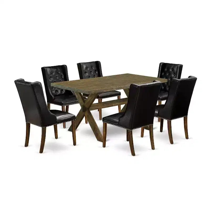 HomeStock 7-Piece Distressed Jacobean Finish Solid Wood Top Dining Table with 6-Chairs