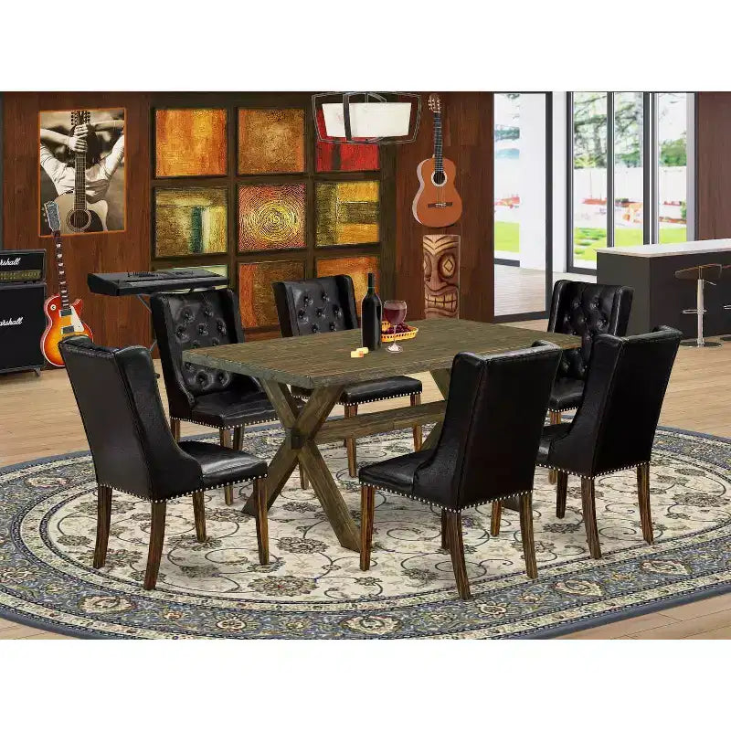 Tavolo da pranzo in legno massiccio HomeStock 7 pezzi con finitura Jacobean anticata e 6 sedie