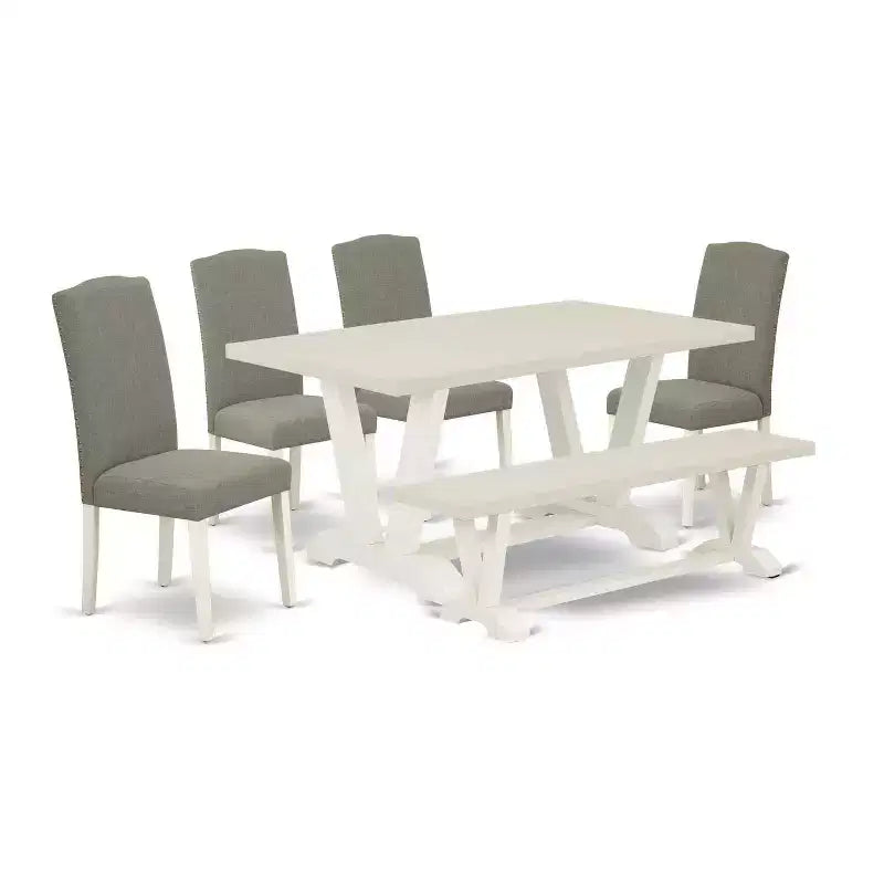 HomeStock 6-Pc Rectangle Natural Oak Finish Solid Wood Top Dining Table with 1-Bench, 4-Chairs