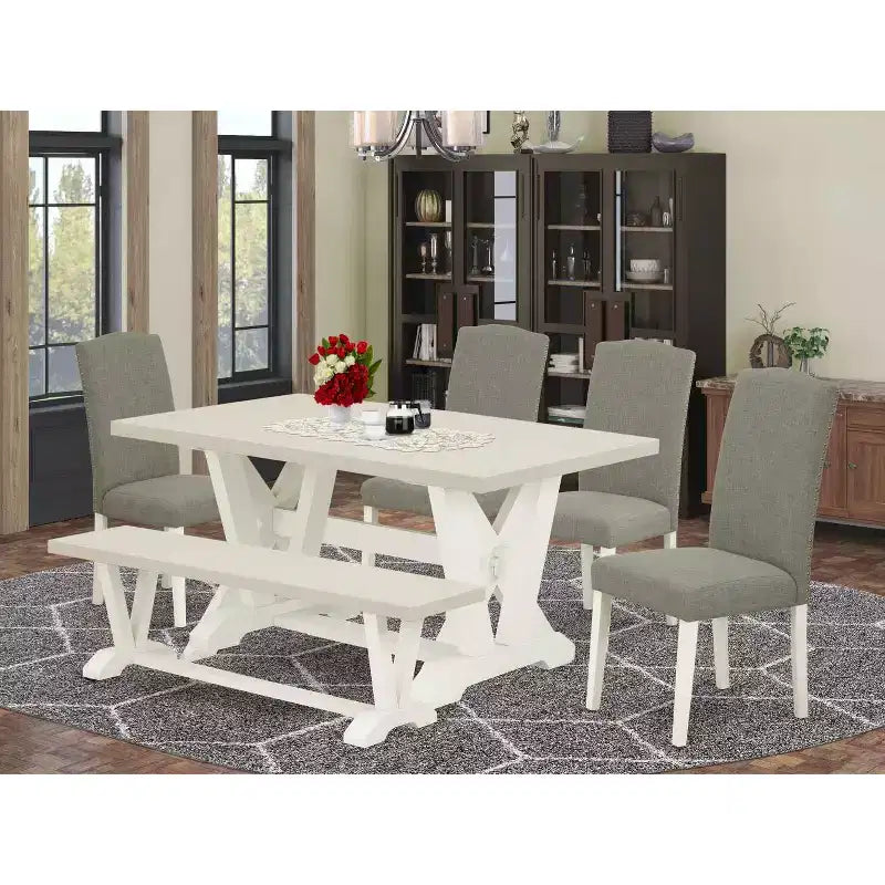 Tavolo da pranzo HomeStock 6 pezzi con piano rettangolare in legno massello finitura rovere naturale, 1 panca, 4 sedie