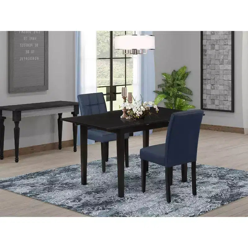 Set da pranzo rettangolare 3 pezzi con piano in legno massello e finitura nera