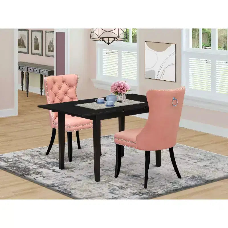 HomeStock Set tavolo da pranzo rettangolare 3 pezzi con piano in legno massello finitura nera e prolunga a farfalla