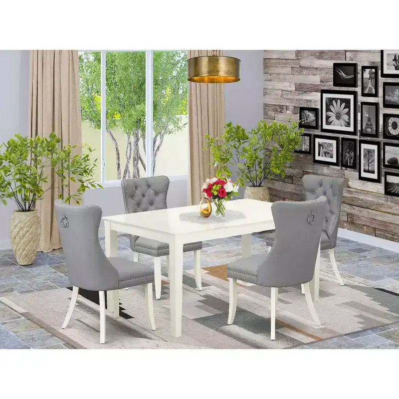 Set da pranzo in 5 pezzi rettangolare in lino bianco con piano in legno massello imbottito - 4 posti